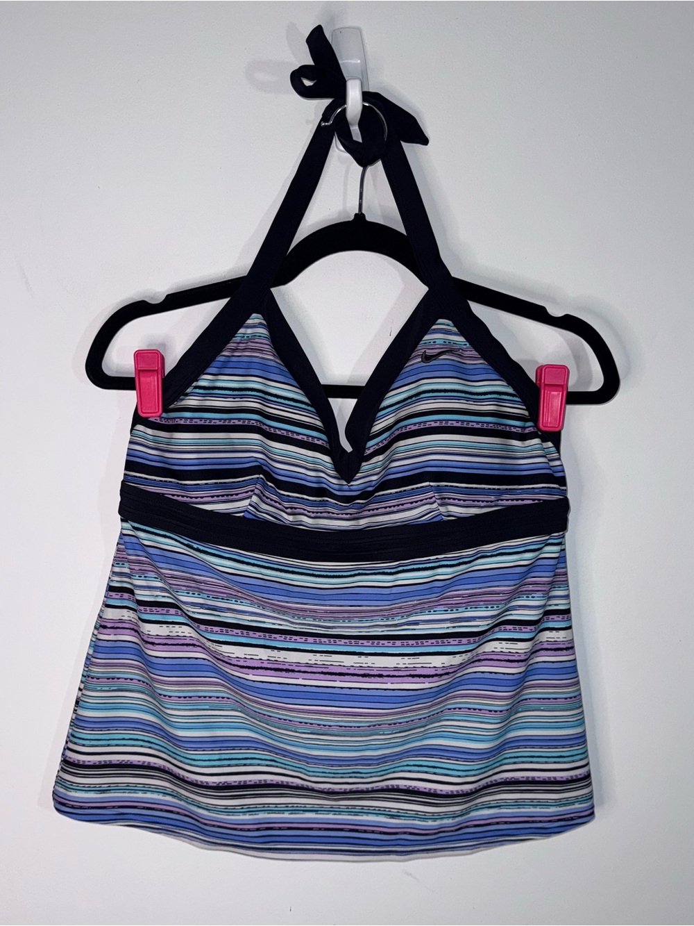 Nike Swim Tankini Top Blue Purple Striped Halter Shelf Bra Size Large 14